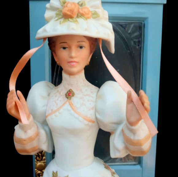 Porcelain Victorian Lady Large Figurine Mrs Albee Fixing Hat in Front of Door